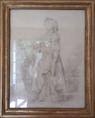 un vieux dessin représentant une femme en robe tenant un panier de fleurs