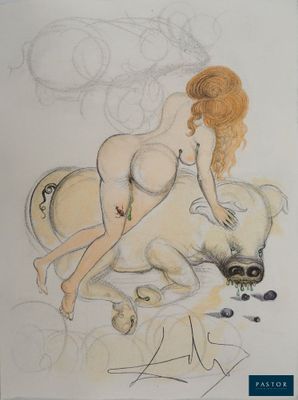 a drawing of a nude woman laying on a dog
