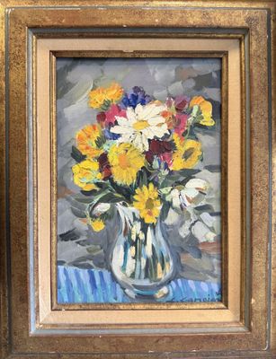 a painting of flowers in a vase on a table