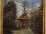 an oil painting of a cabin in the woods by a dirt road