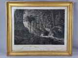 un vieux dessin en noir et blanc représentant une cascade dans une forêt