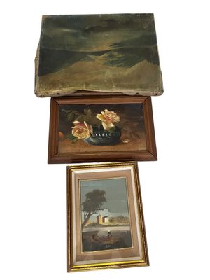 three framed paintings of a landscape and a painting of a house