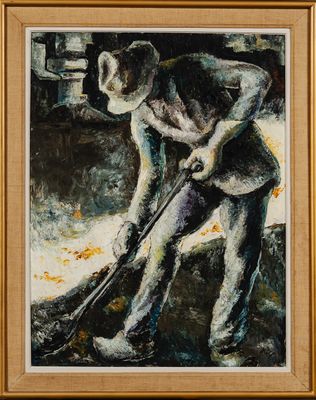 an oil painting of a man with a shovel in his hand