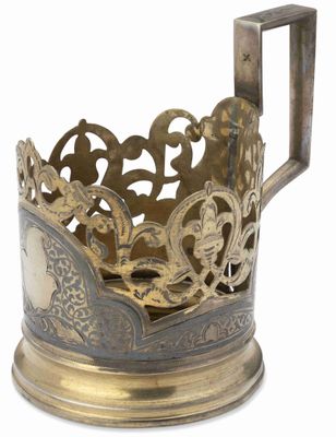 Lot De 4 Porte-Verres Russes En Filigrane Argenté Avec Verres En Cristal