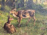 painting of two deers in a field with trees in the background