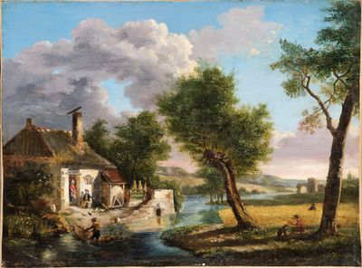 tableau représentant une scène rurale avec une rivière et une petite maison de campagne