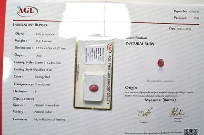 Un rubis cabochon forme ovale, couleur rouge orangé, d'un po…