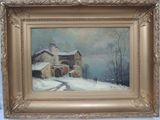une image représentant une peinture d'une maison sur une colline enneigée
