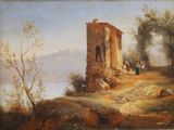 tableau représentant une maison sur une colline, avec un lac en arrière-plan