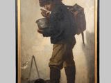 painting of a boy with a backpack and a cat eating from a bowl
