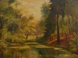 painting of a river in a wooded area with trees and water