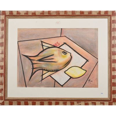 tableau représentant un chat assis sur une table avec un fruit