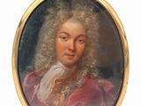 portrait d'un homme en manteau rouge, dans un cadre doré