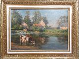 a painting of two cows drinking water from a river