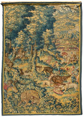 une image représentant une tapisserie avec des animaux et des personnages dans une forêt