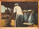 une peinture à l'huile représentant un homme debout devant un groupe de personnes