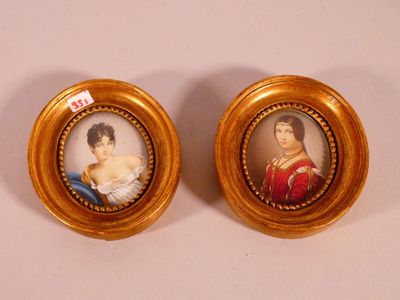 two miniature portraits of a woman and a man in gold frames