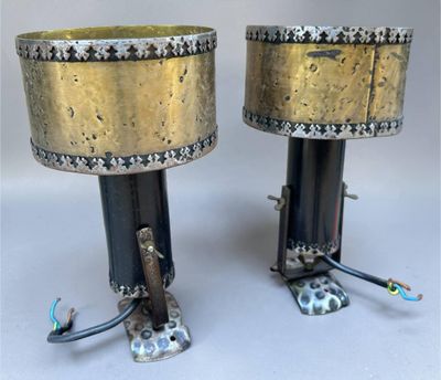 pair of antique brass table lamps with black bases and gold lampshads