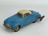 a blue toy car with a skateboard in the back