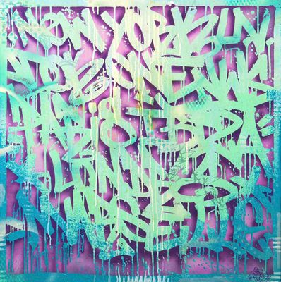 painting of a green and blue painting of letters on a purple background