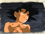 Goku, de Dragon Ball, regarde l'objectif, les yeux fermés
