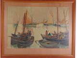 a painting of a group of boats in the water