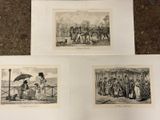 three old black and white pictures of people on a street