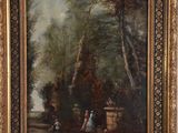 une peinture à l'huile sur toile représentant un paysage boisé avec des personnages et des arbres