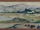 a picture of a painting of a mountain range
