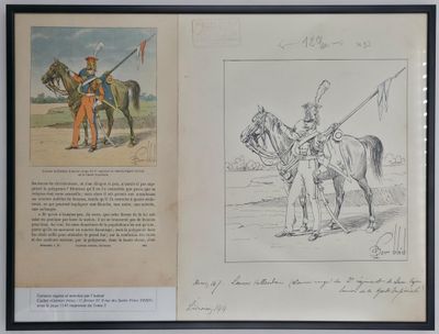 un vieux livre sur lequel figure le dessin d'un homme à cheval à côté d'un autre dessin représentant un homme à cheval