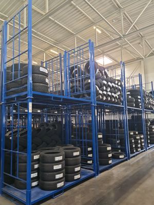 many tires on the shelves in the warehouse