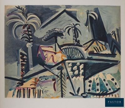 an image of a painting of a building with palm trees in the background