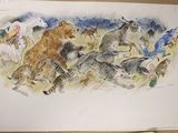 painting of a group of wild animals running in a field