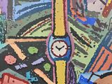 a painting of a watch sitting on top of a table