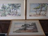 two framed paintings of trees on a table in a room
