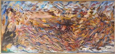 une peinture à l'huile représentant un paysage avec des arbres et des buissons au premier plan