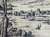 drawing of a view of a town and a river with a boat in the foreground