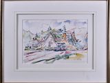 framed watercolor painting of a train going down the tracks