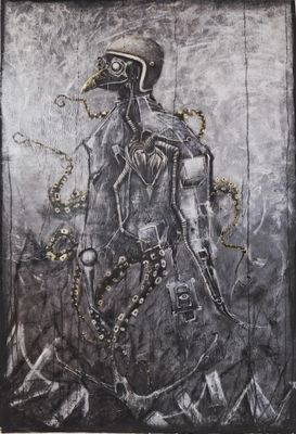 drawing of a man in a plague mask with chains around his neck