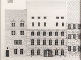 a drawing of a building with a clock on it