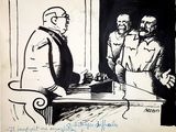 drawing of two men sitting at a table in front of a drawing of a man in a suit and tie