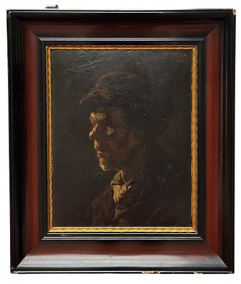 an old painting of a man with a bow tie in a wooden frame