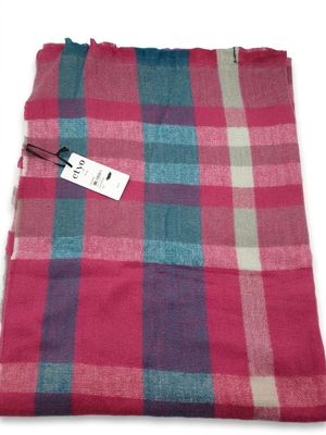 a close up of a pink and blue plaid scarf with a tag on it