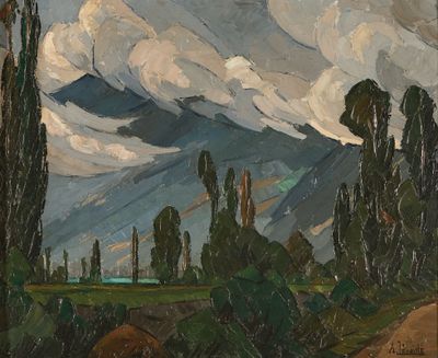 peinture représentant un paysage avec une montagne au loin et des arbres au premier plan