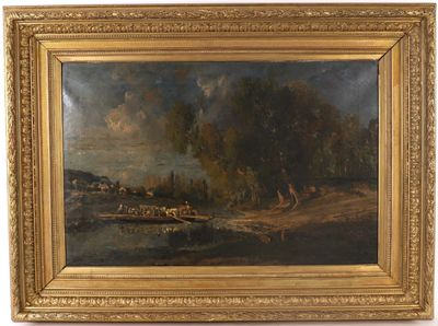 an oil painting of a landscape with a river and trees