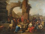 painting of a group of people gathered around a table in a courtyard