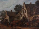 a painting of a horse drawn carriage in front of a building