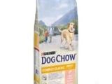 a bag of dog chow with a dog walking behind it