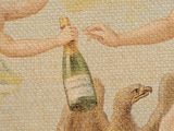 a painting of a woman feeding a bird with a bottle of wine
