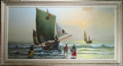 une photo d'un tableau représentant un bateau en mer